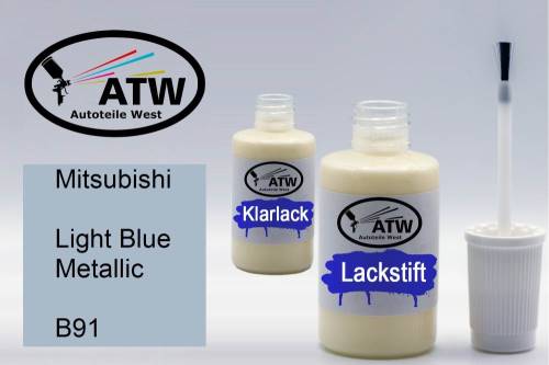 Mitsubishi, Light Blue Metallic, B91: 20ml Lackstift + 20ml Klarlack - Set, von ATW Autoteile West.